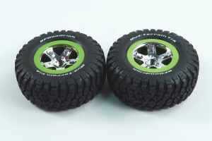 Traxxas Колеса передние в сборе для Slash 2WD chrome/green, 2шт.